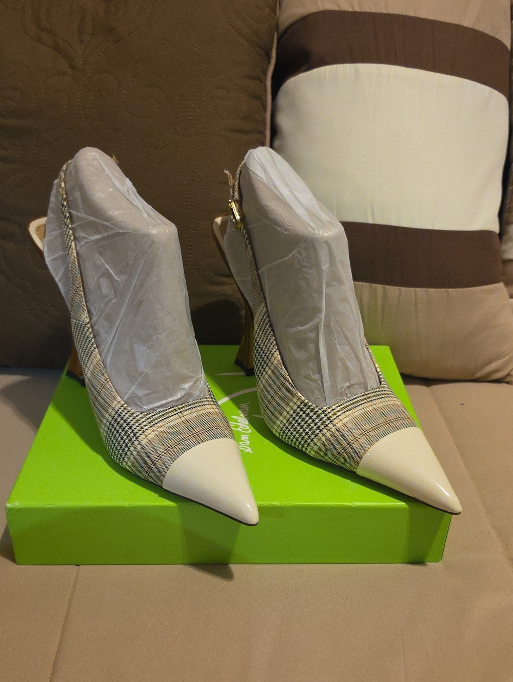 SAM ELDERMAN Pointed-Toe Plaid Slingback Pumps in Beige